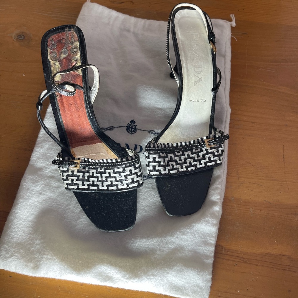 Prada Black and White Heels with Woven Band